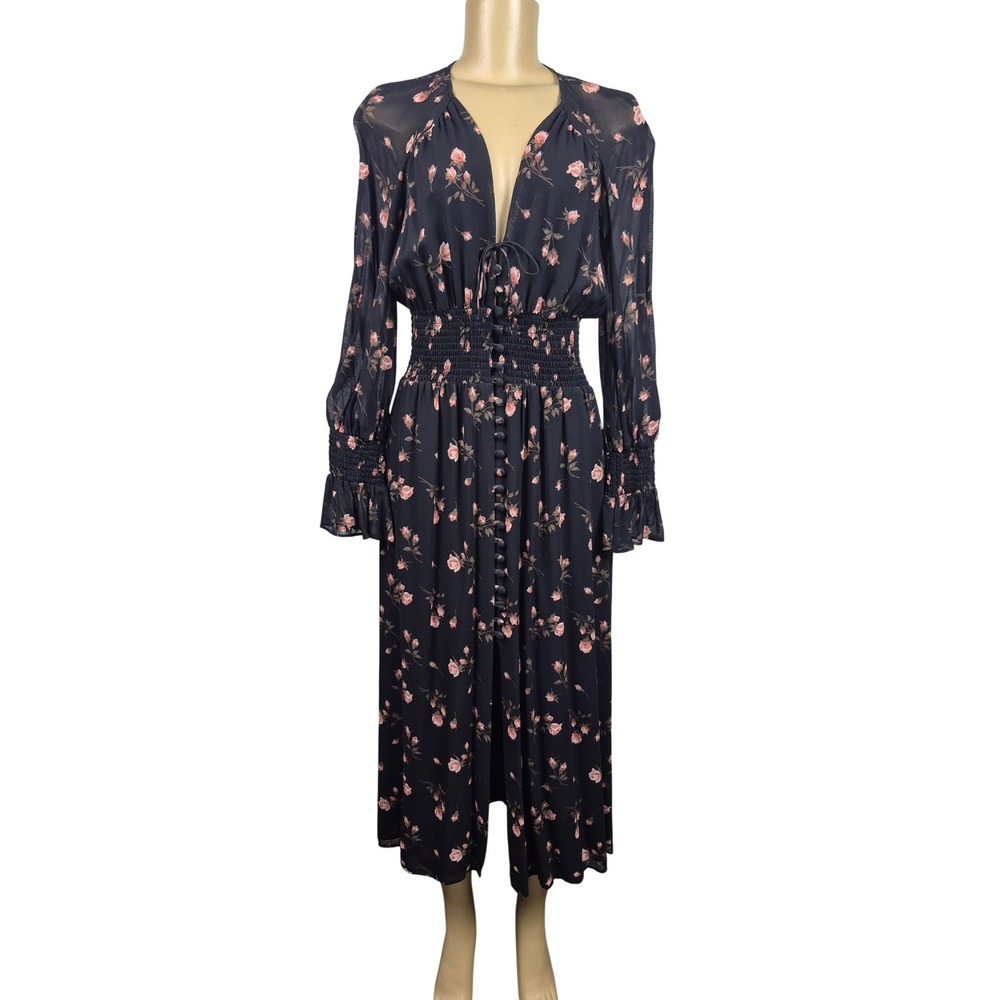 Reformation Addsion Rose Garden Smocked V-Neck Button Midi Dress Black Pink 4